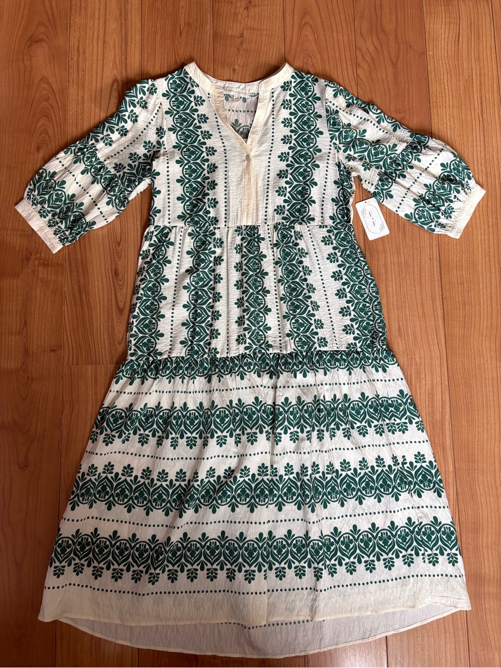 Figuero & Flower Boho Midi Dress Green Floral & Dots print NWT size M